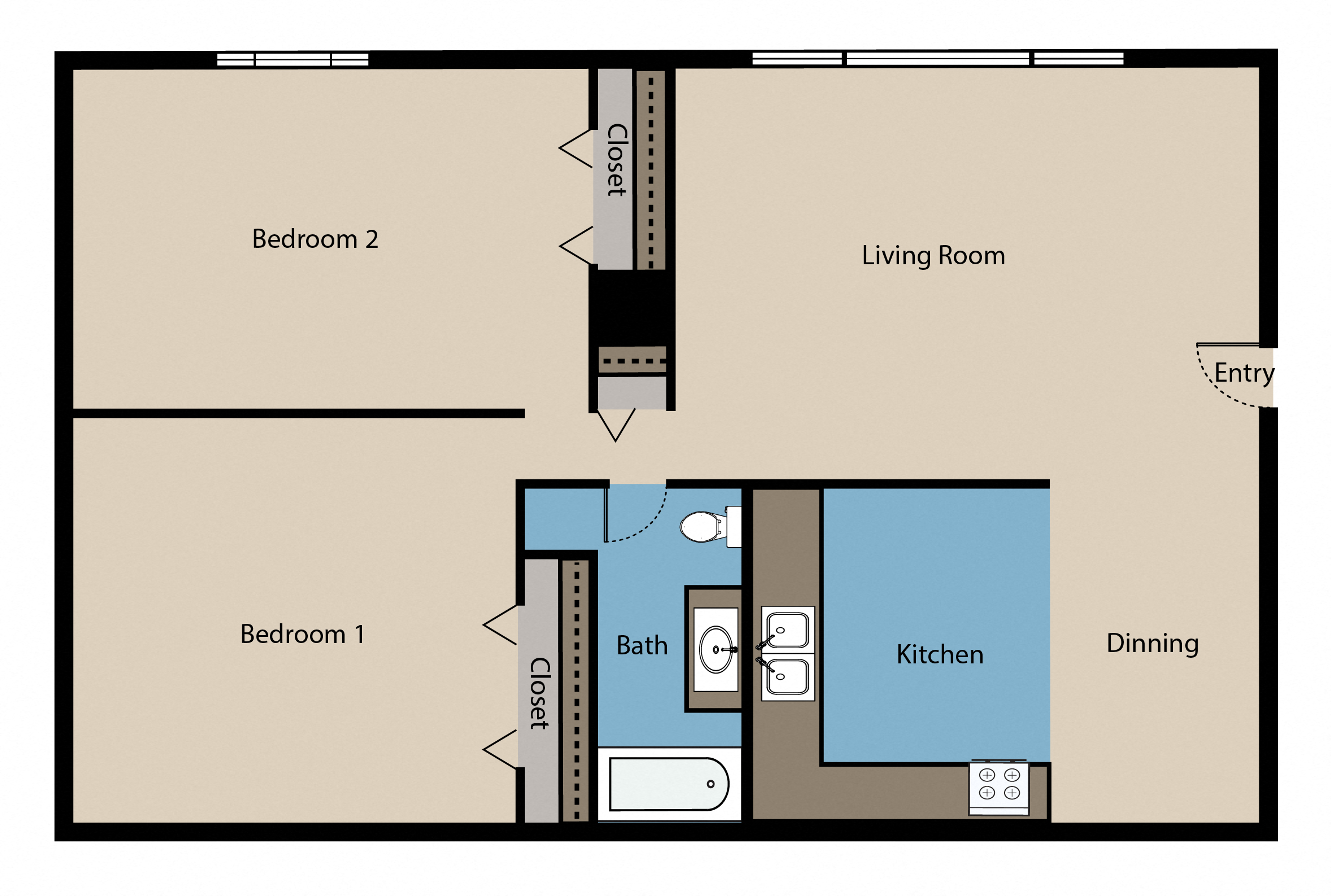 Floor plan for 2 beds, 1 bath, 850 sqft